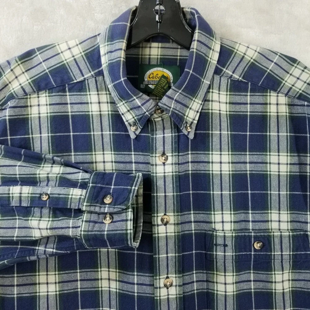 Cabelas Shirt Men L Blue Plaid 100% Heavyweight Cotton‎ Outdoor Cabin Workwear